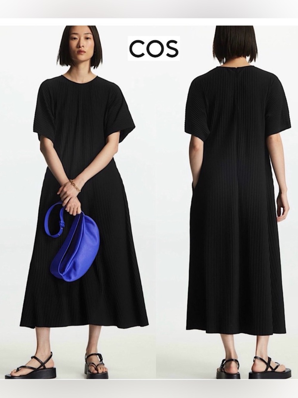COS Ribbed Short-Sleeve Maxi Dress with pockets, size large in black
